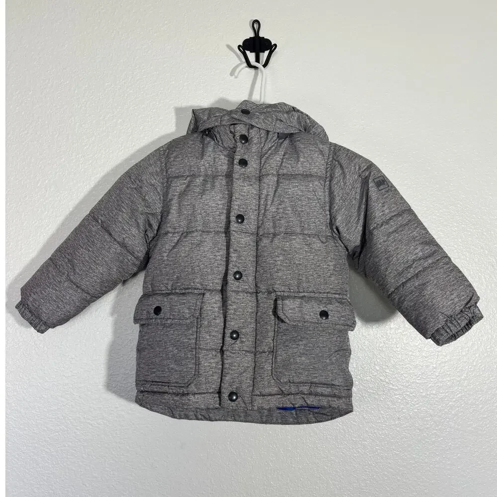 Baby Gap Toddler 4 Years Gray Hooded Puffer Jacket Button & Zip Removable Hoodie